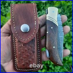 10pcs Lot Damascus Steel Pocket size Folding Knife withLeather sheath Gift for You