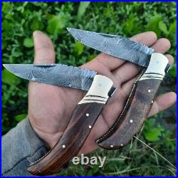 10pcs Lot Damascus Steel Pocket size Folding Knife withLeather sheath Gift for You