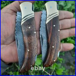 10pcs Lot Damascus Steel Pocket size Folding Knife withLeather sheath Gift for You