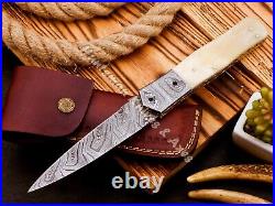 12'' Long Liner Lock Folder WithCustom Made Forged Damascus Steel & Bone Scales