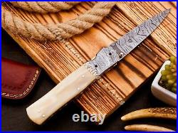 12'' Long Liner Lock Folder WithCustom Made Forged Damascus Steel & Bone Scales