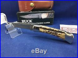 1990 Buck 110 Knife With Stag Handle & Damascus Blade & Sheath Mint In Box