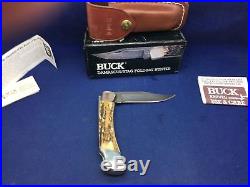1990 Buck 110 Knife With Stag Handle & Damascus Blade & Sheath Mint In Box