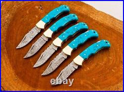 5 PCS Damascus Steel Folding Knives, Camping Knives, Knife For Gifts, Gifts Knives