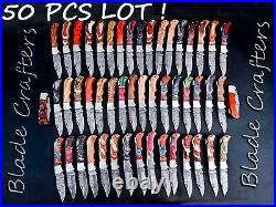 50 Pcs Lot! Forged Handmade Damascus Blade Pocket Folding Knife, Pocket Knives