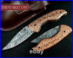 7.5 Damascus Pocket Knife with Engraved Copper Handle Custom Hunting Fold Knife