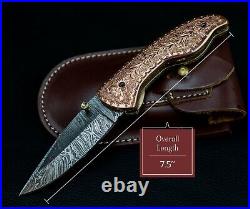 7.5 Damascus Pocket Knife with Engraved Copper Handle Custom Hunting Fold Knife