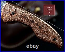 7.5 Damascus Pocket Knife with Engraved Copper Handle Custom Hunting Fold Knife