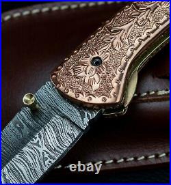 7.5 Damascus Pocket Knife with Engraved Copper Handle Custom Hunting Fold Knife