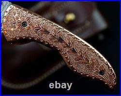 7.5 Damascus Pocket Knife with Engraved Copper Handle Custom Hunting Fold Knife