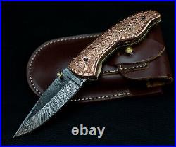 7.5 Damascus Pocket Knife with Engraved Copper Handle Custom Hunting Fold Knife