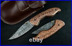 7.5 Damascus Pocket Knife with Engraved Copper Handle Custom Hunting Fold Knife