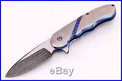 7.625 Larevo Kiba Damascus Flipper Titanium Timascus Blue Anodized Knife $1395