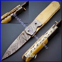 8 3/4'' Long Liner Lock Hand Forged Damascus Steel Folder with Camel Bone white