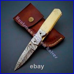 8 3/4'' Long Liner Lock Hand Forged Damascus Steel Folder with Camel Bone white