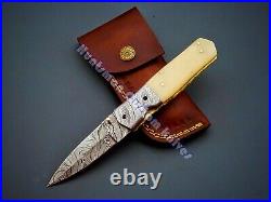 8 3/4'' Long Liner Lock Hand Forged Damascus Steel Folder with Camel Bone white