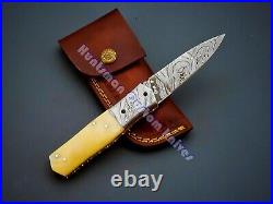 8 3/4'' Long Liner Lock Hand Forged Damascus Steel Folder with Camel Bone white