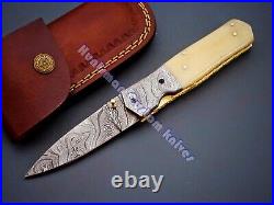 8 3/4'' Long Liner Lock Hand Forged Damascus Steel Folder with Camel Bone white