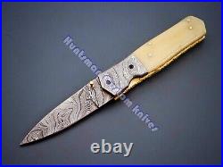 8 3/4'' Long Liner Lock Hand Forged Damascus Steel Folder with Camel Bone white