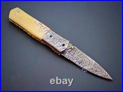 8 3/4'' Long Liner Lock Hand Forged Damascus Steel Folder with Camel Bone white