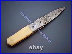 8 3/4'' Long Liner Lock Hand Forged Damascus Steel Folder with Camel Bone white