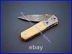 8 3/4'' Long Liner Lock Hand Forged Damascus Steel Folder with Camel Bone white