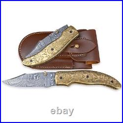 8.5 Hand Forged Damascus Folding Pocket Hunting Knife Engraved Brass Handle