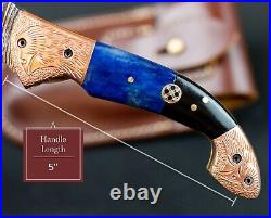 9'' Real Horn Handle Damascus Pocket Knife Handmade Damascus Bone Pocket Knife