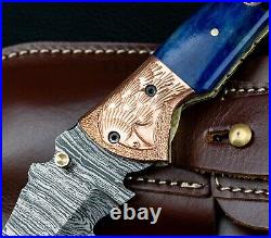 9'' Real Horn Handle Damascus Pocket Knife Handmade Damascus Bone Pocket Knife