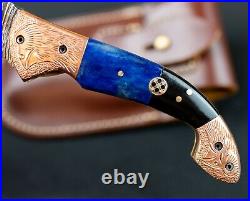 9'' Real Horn Handle Damascus Pocket Knife Handmade Damascus Bone Pocket Knife