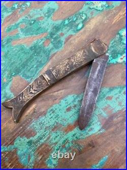 Antique Steel Brass Hilt Blade Fish Shape Folding Pocket Knife Knives