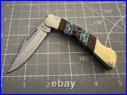 BUFFALO Navajo Handmade Wood/Silver/Turquoise/Onyx Handle 440 S. Steel 3 Blade