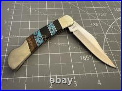 BUFFALO Navajo Handmade Wood/Silver/Turquoise/Onyx Handle 440 S. Steel 3 Blade