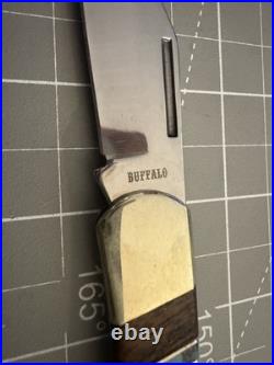 BUFFALO Navajo Handmade Wood/Silver/Turquoise/Onyx Handle 440 S. Steel 3 Blade