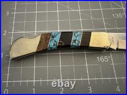 BUFFALO Navajo Handmade Wood/Silver/Turquoise/Onyx Handle 440 S. Steel 3 Blade