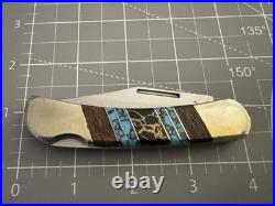 BUFFALO Navajo Handmade Wood/Silver/Turquoise/Onyx Handle 440 S. Steel 3 Blade