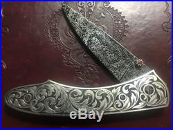 Barry Gallagher Custom Knife Hand Engraved Handles Damascus Blade & Ruby NR