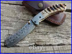 Beautiful Damascus Steel Handmade Folding Pocket Knife Ram Horn Handle