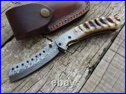 Beautiful Damascus Steel Handmade Folding Pocket Knife Ram Horn Handle
