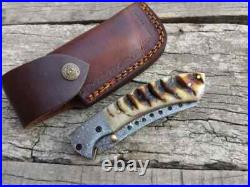 Beautiful Damascus Steel Handmade Folding Pocket Knife Ram Horn Handle