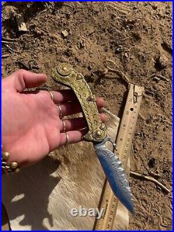 Bespoke Brass Handle Custom Forged Folding Knife Wave Open Mexican EDC Folder