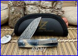 Brad Zinker Exotic Blue Fossil Sheepsfoot Vegas Forge Damascus Flipper Knife