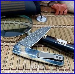 Brad Zinker Exotic Blue Fossil Sheepsfoot Vegas Forge Damascus Flipper Knife