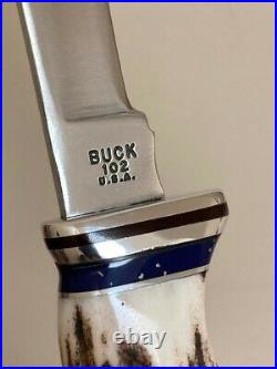 Buck Knife 102 Vintage 3-Liner Elk Stag Blue Trim Buck OEM Sheath MINT