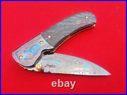 CUSTOM FOLDING KNIFE Blue Damascus STEEL Handmade? Stabilized Wood Titanium RARE