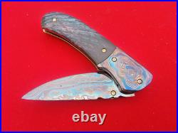 CUSTOM FOLDING KNIFE Blue Damascus STEEL Handmade? Stabilized Wood Titanium RARE