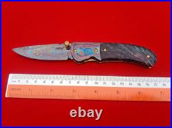 CUSTOM FOLDING KNIFE Blue Damascus STEEL Handmade? Stabilized Wood Titanium RARE