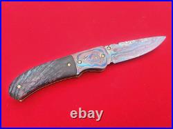 CUSTOM FOLDING KNIFE Blue Damascus STEEL Handmade? Stabilized Wood Titanium RARE