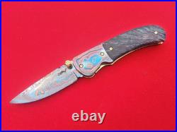 CUSTOM FOLDING KNIFE Blue Damascus STEEL Handmade? Stabilized Wood Titanium RARE