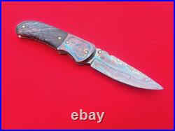 CUSTOM FOLDING KNIFE Blue Damascus STEEL Handmade? Stabilized Wood Titanium RARE